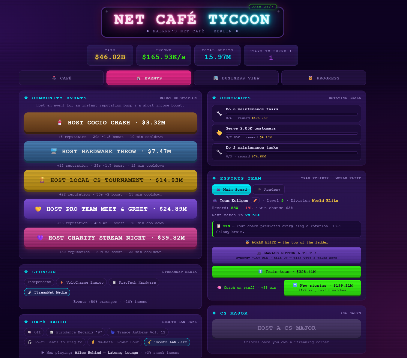 NET CAFÉ TYCOON screenshot — Events view with community events, sponsor deals, café radio and esports team management in the World Elite division