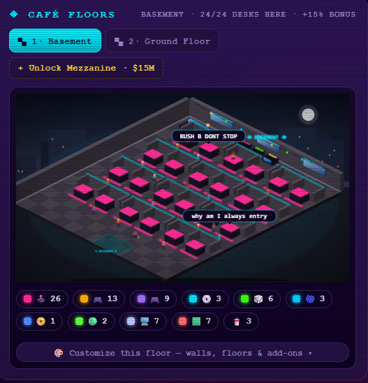 NET CAFÉ TYCOON screenshot — the living isometric café floor with glowing gaming stations, walking customers and gamer chat bubbles